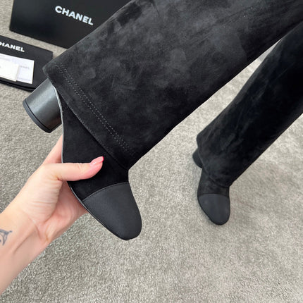 CHANEL 25S HIGH BOOTS 55MM IN BLACK SUEDE AND CANVAS GOLD HARDWARE