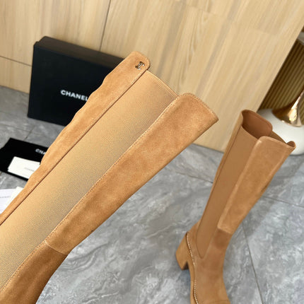 CHANEL HIGH BOOTS 8.5CM IN CARAMEL BROWN SUEDE
