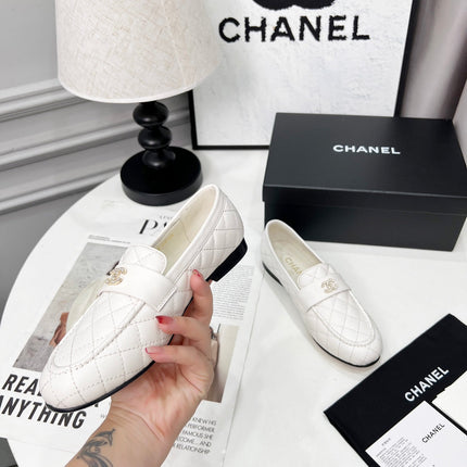 CHANEL 25S LOAFER DANCE SHOES IN WHITE CALFSKIN GOLD HARDWARE