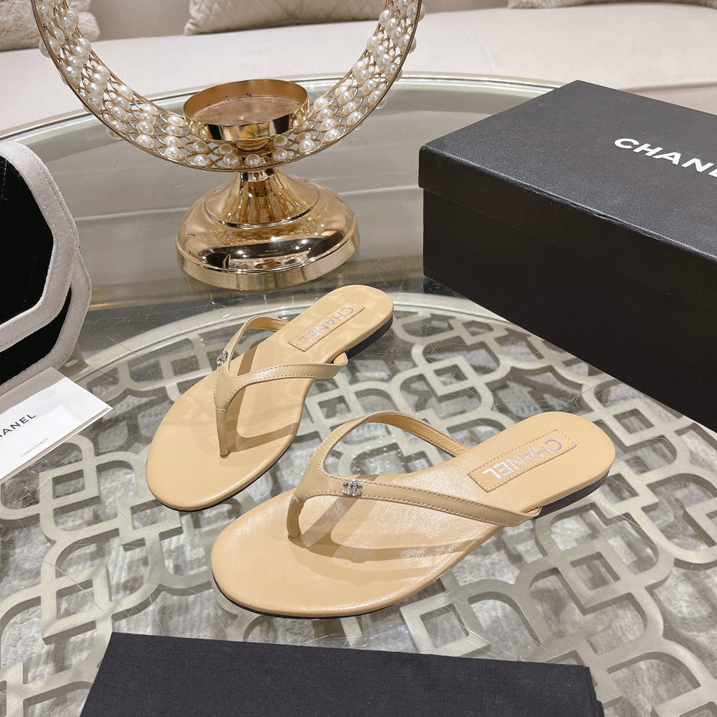 Double CC Flip  Flop Thongs Beige Cream Sheepskin