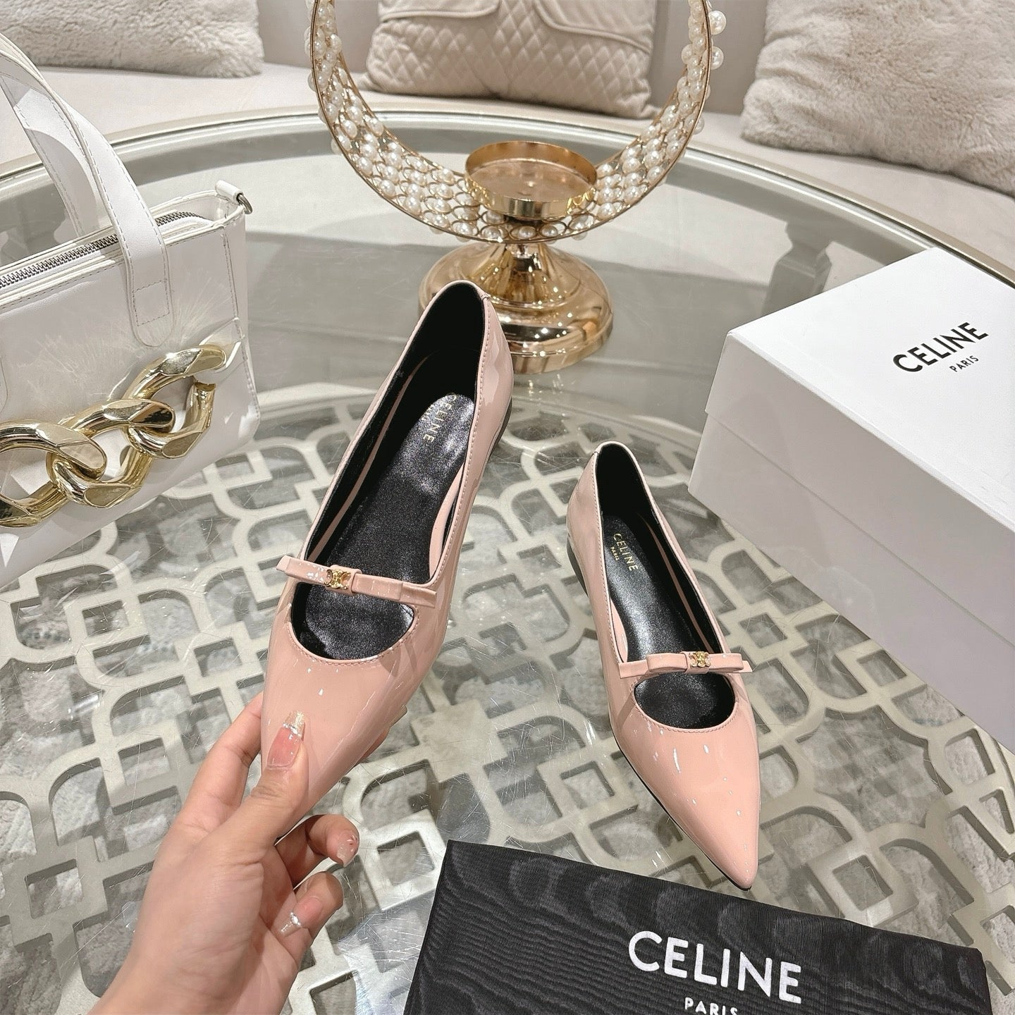 SUZY POINTY TOE BALLERINA IN BLUSH PINK PATENT CALFSKIN