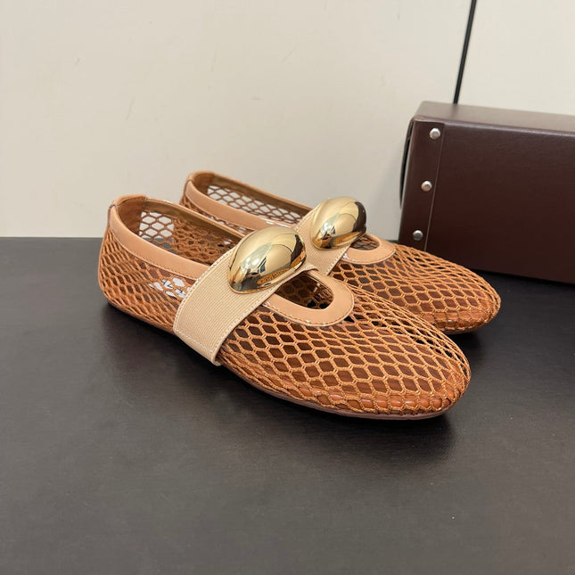 ALAIA BALLET FLATS IN COPPER BROWN MESH FISHNET WITH GOLD HARDWARE