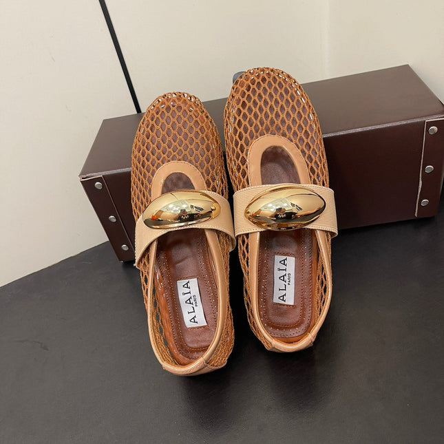 ALAIA BALLET FLATS IN COPPER BROWN MESH FISHNET WITH GOLD HARDWARE