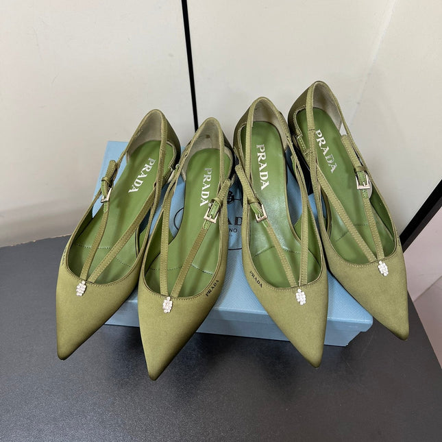 CUT-OUT BALLERINA FLAT IN OLIVE GREEN SATIN ATTACHED BEAD BUCKLE