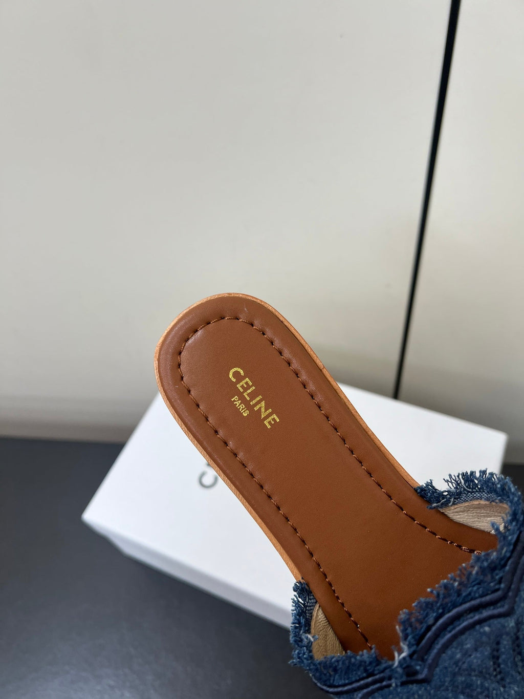 CELINE FLAT SANDALS IN BLUE TRIOMPHE DENIM
