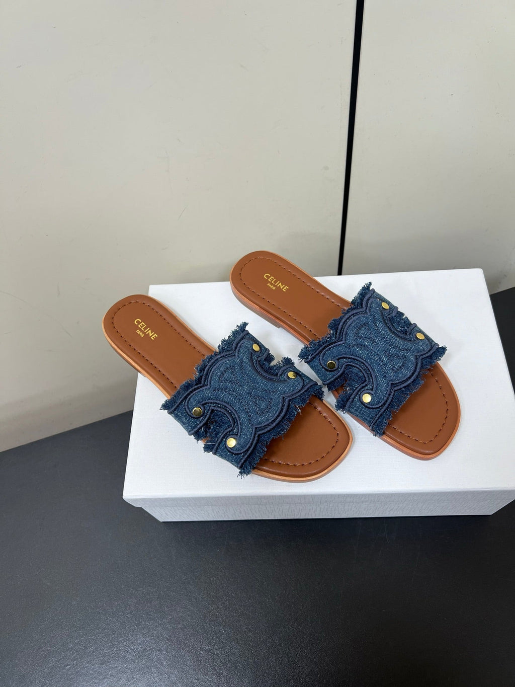 CELINE FLAT SANDALS IN BLUE TRIOMPHE DENIM