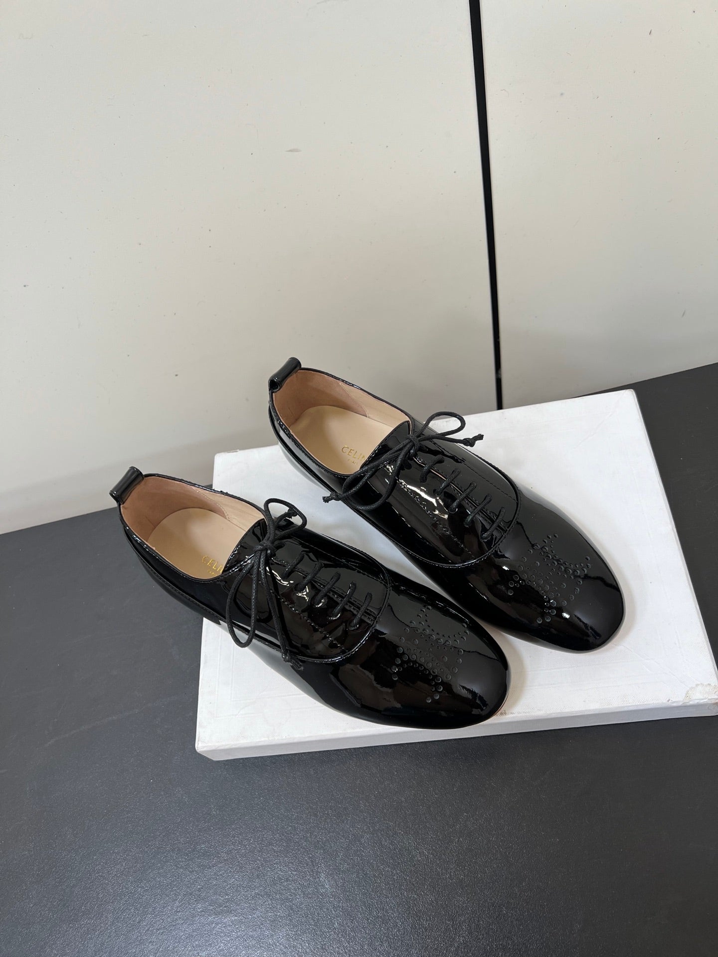 CELINE 26S MINIMAL LACE-UP SHOES IN BLACK GLOSSY CALFSKIN