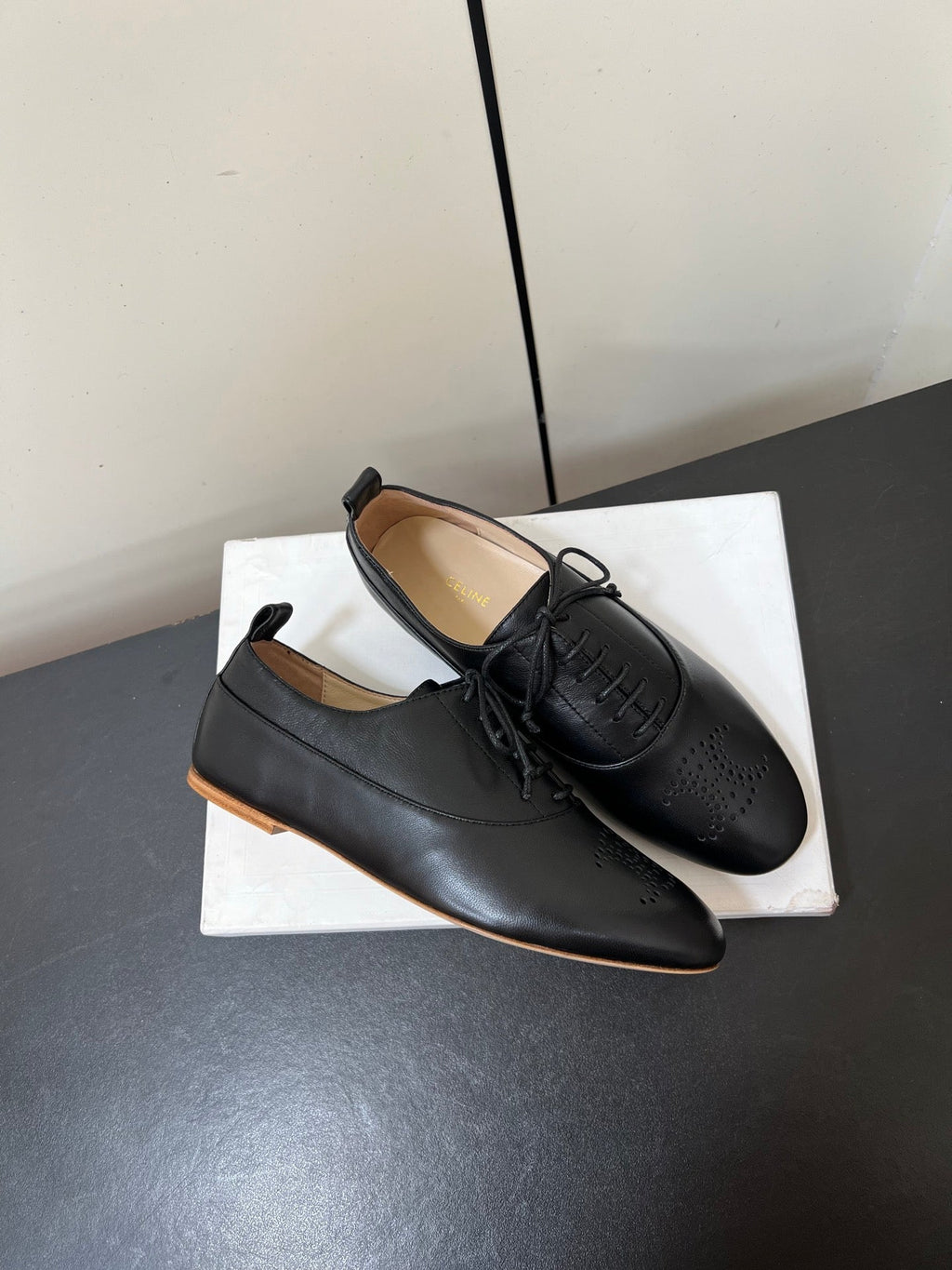 CELINE 26S MINIMAL LACE-UP SHOES IN BLACK CALFSKIN