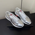 PRADA 26S SNEAKERS IN SILVER CALFSKIN AND WHITE MESH