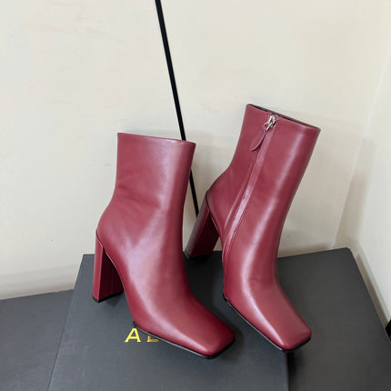 ALAIA 26S SQUARE-TOE BOOTS IN DARK RED CALFSKIN