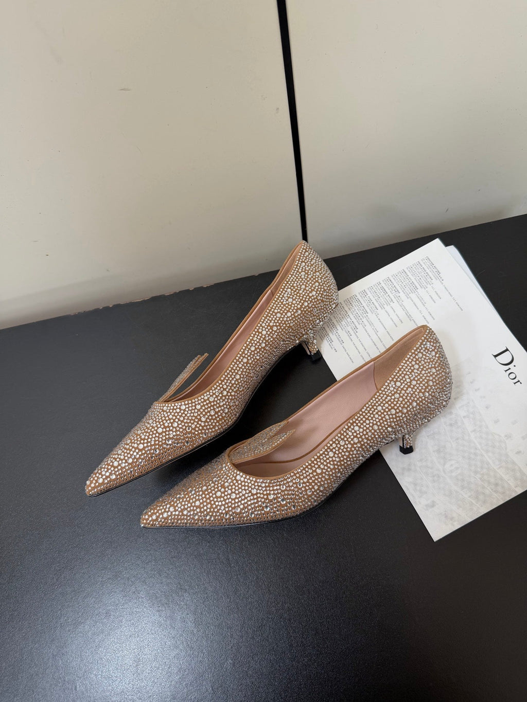 DIOR 26S POINTED-TOE HIGH HEELS 35MM IN NUDE SUEDE CRYSTAL