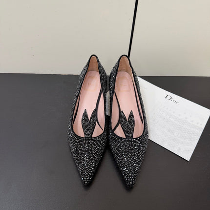 DIOR 26S POINTED-TOE HIGH HEELS 35MM IN BLACK SUEDE CRYSTAL