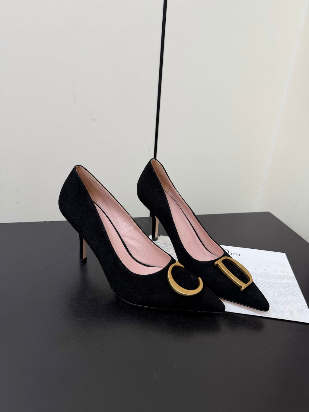 DIOR 26S POINTED-TOE HIGH HEELS 70MM IN BLACK SUEDE GOLD HARDWARE