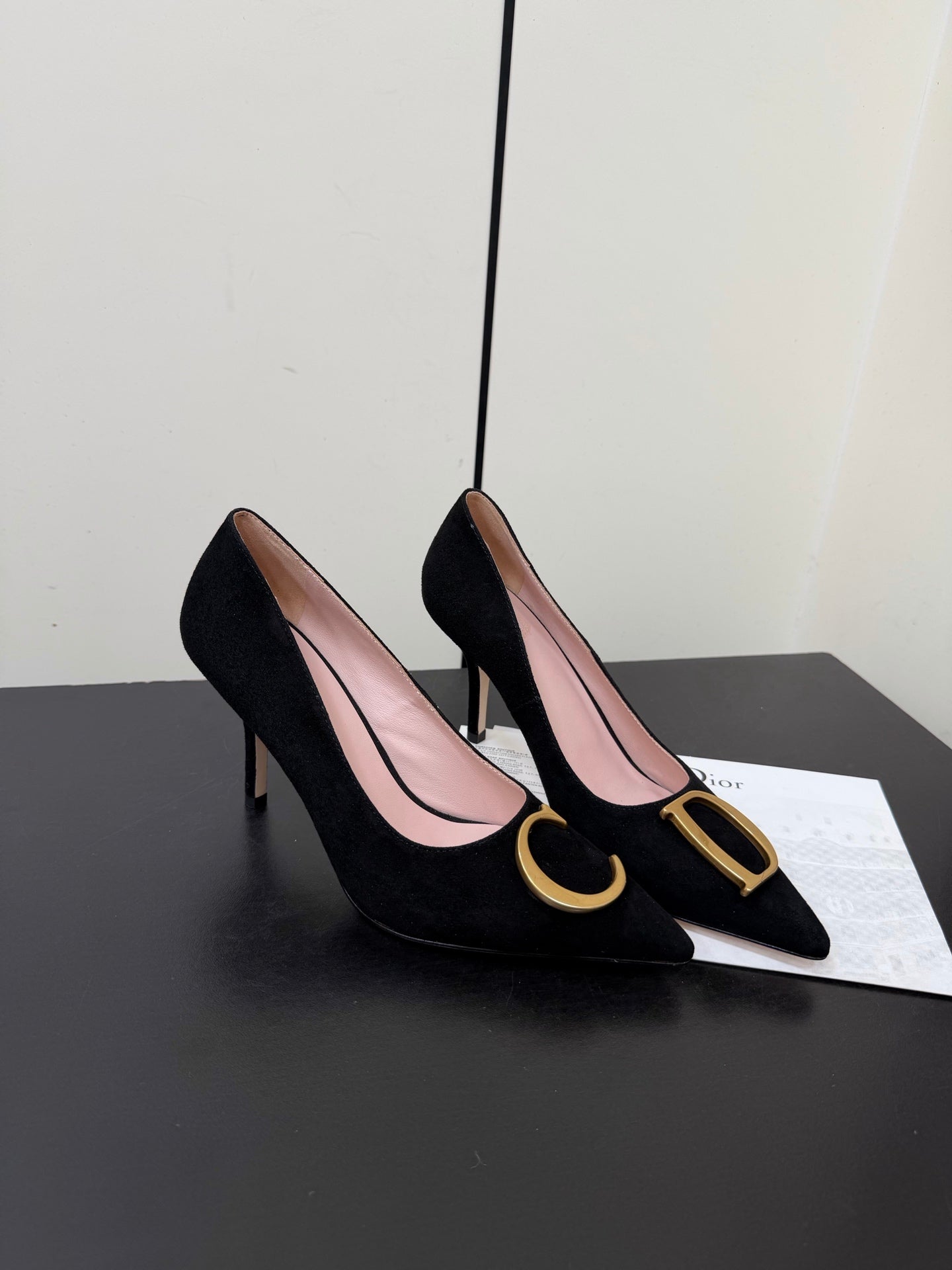 DIOR 26S POINTED-TOE HIGH HEELS 70MM IN BLACK SUEDE GOLD HARDWARE