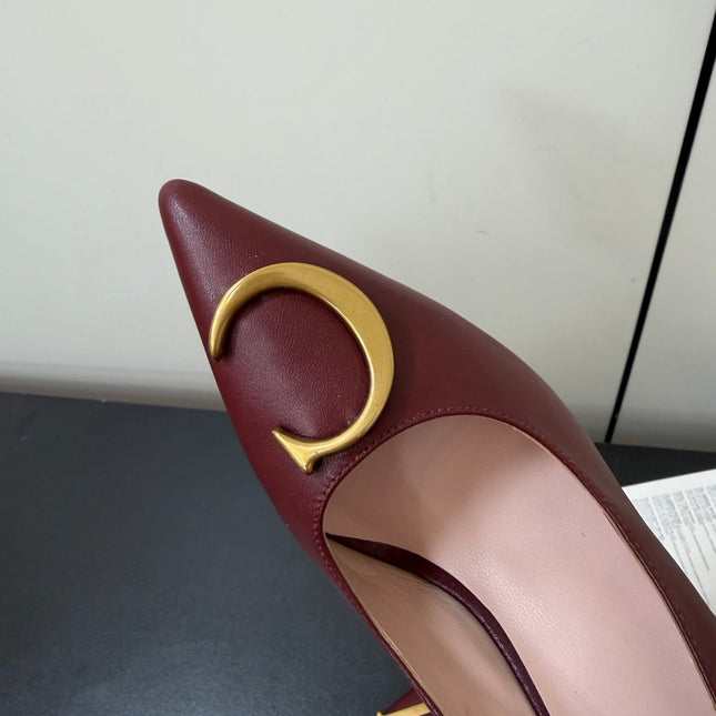 DIOR 26S POINTED-TOE HIGH HEELS 70MM IN DARK RED CALFSKIN GOLD HARDWARE