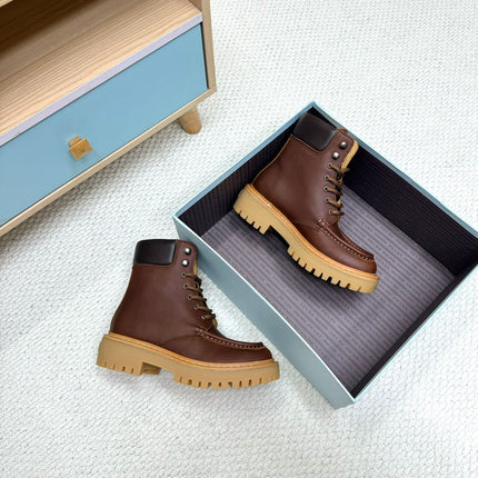 PRADA 25S LACE-UP ANKLE BOOTS IN DARK BROWN CALFSKIN
