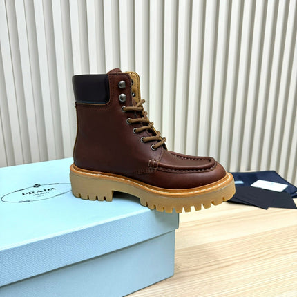 PRADA 25S LACE-UP ANKLE BOOTS IN DARK BROWN CALFSKIN