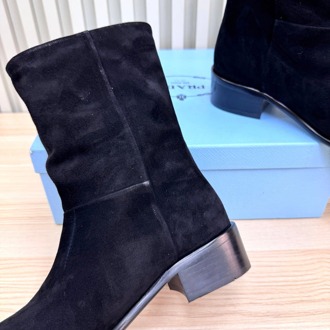 PRADA 25S LOW-CUT BOOTS IN BLACK SUEDE