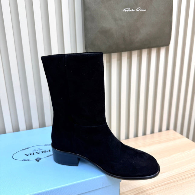 PRADA 25S LOW-CUT BOOTS IN BLACK SUEDE