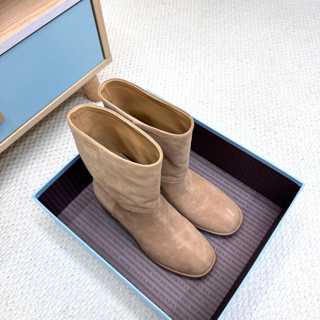 PRADA 25S LOW-CUT BOOTS IN LIGHT CARAMEL BROWN SUEDE