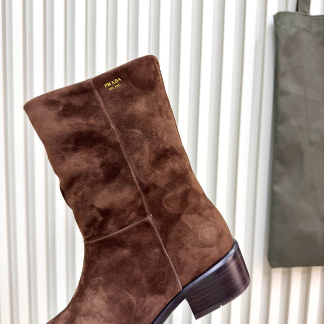 PRADA 25S LOW-CUT BOOTS IN DARK BROWN SUEDE
