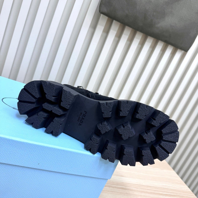 PRADA 25S MONOLITH BOOTS IN BLACK SUEDE