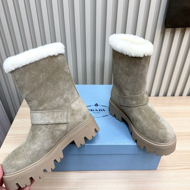 PRADA 25S MARTIN BOOTS IN BEIGE GRAY SUEDE FUR-LINED