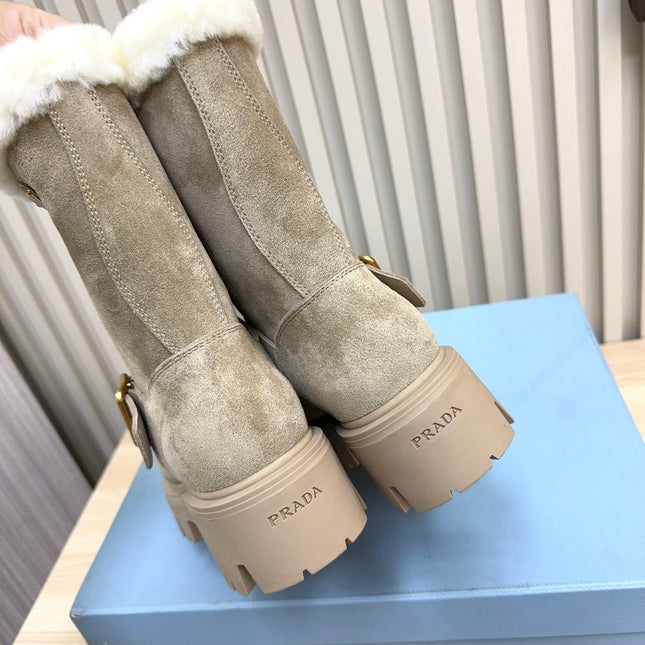 PRADA 25S MARTIN BOOTS IN BEIGE GRAY SUEDE FUR-LINED