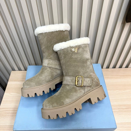 PRADA 25S MARTIN BOOTS IN BEIGE GRAY SUEDE FUR-LINED