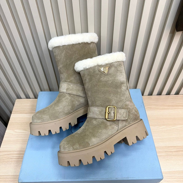 PRADA 25S MARTIN BOOTS IN BEIGE GRAY SUEDE FUR-LINED