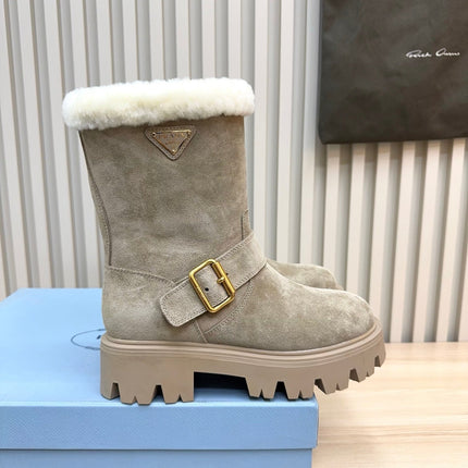 PRADA 25S MARTIN BOOTS IN BEIGE GRAY SUEDE FUR-LINED