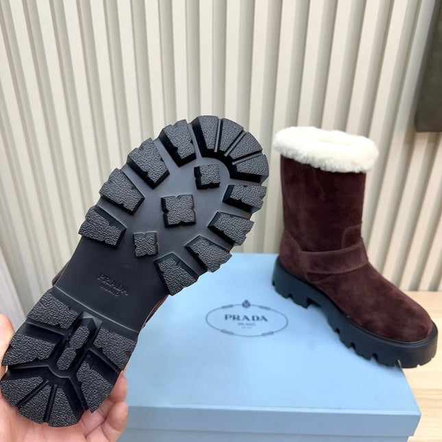 PRADA 25S MARTIN BOOTS IN DARK BURGUNDY BROWN SUEDE FUR-LINED