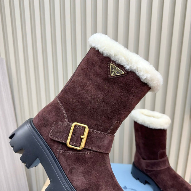 PRADA 25S MARTIN BOOTS IN DARK BURGUNDY BROWN SUEDE FUR-LINED