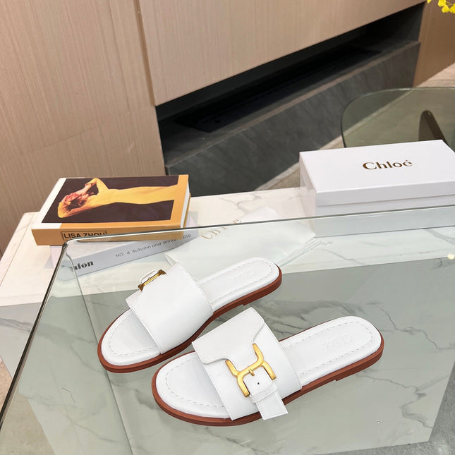 HLOE MARCIE SLIDE IN WHITE CALFSKIN WITH GOLD HARDWARE