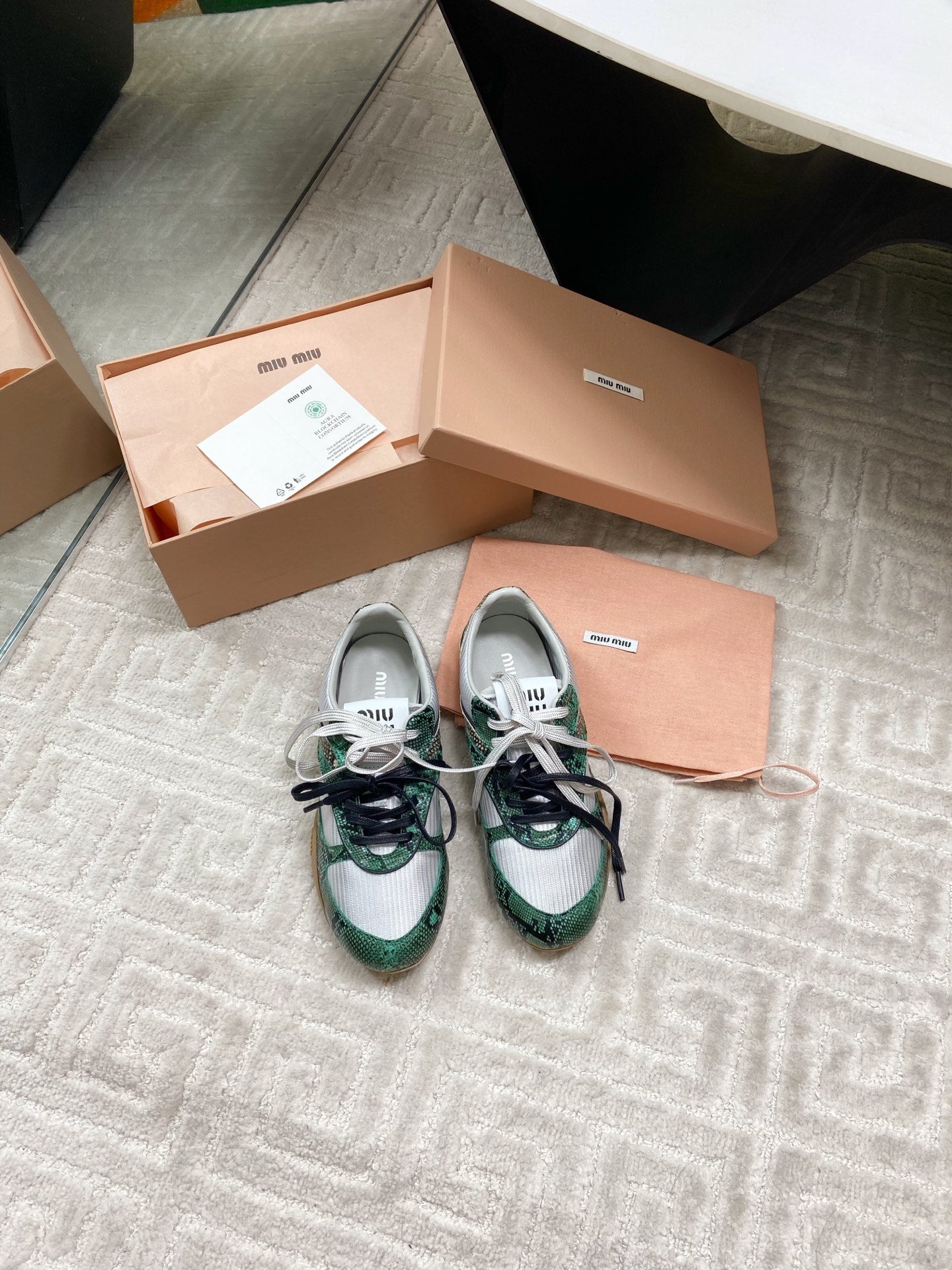 SNAKESKIN-LEATHER SNEAKERS IN GREEN MIX GREY CALFSKIN AND MESH