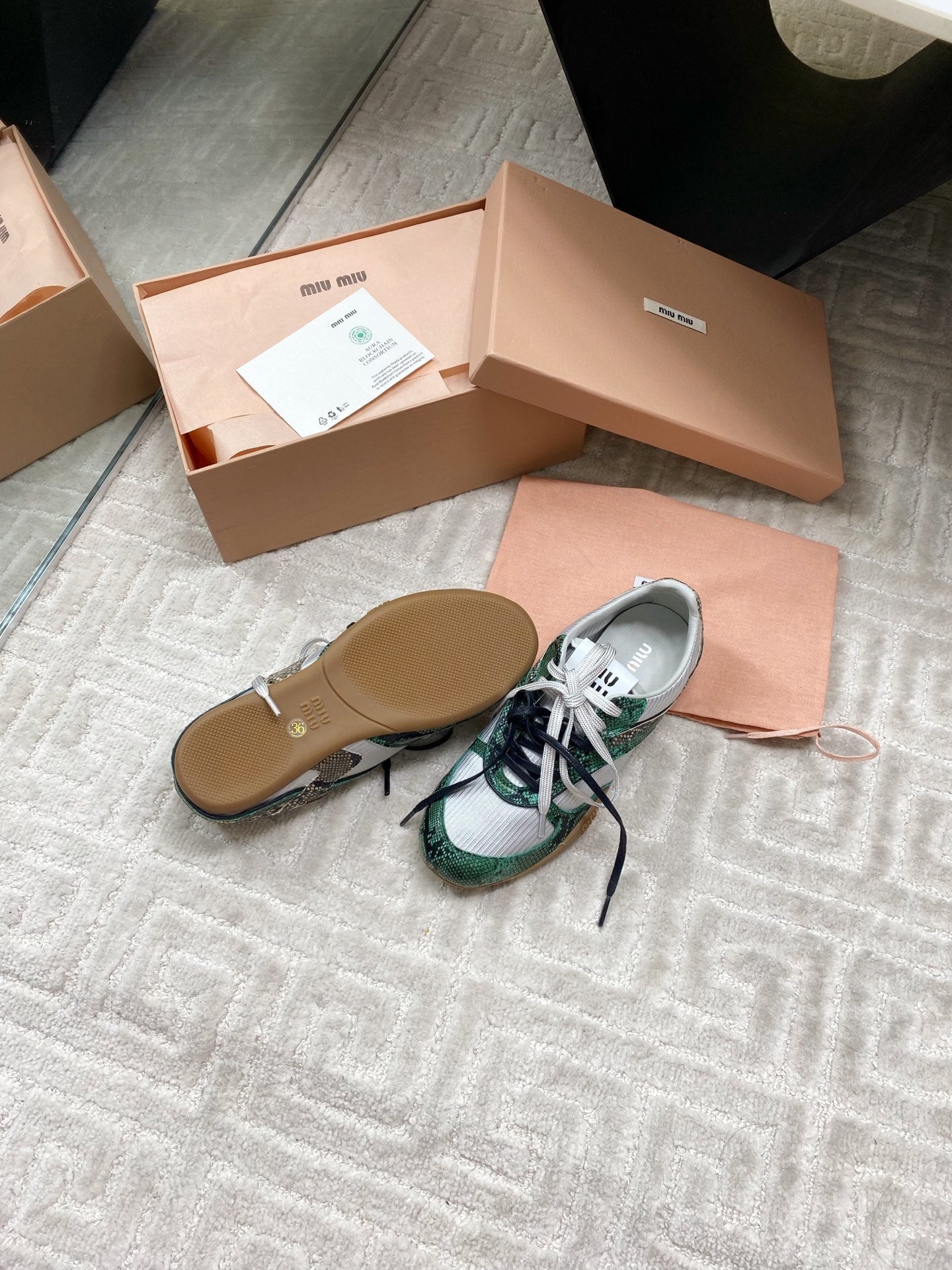 SNAKESKIN-LEATHER SNEAKERS IN GREEN MIX GREY CALFSKIN AND MESH