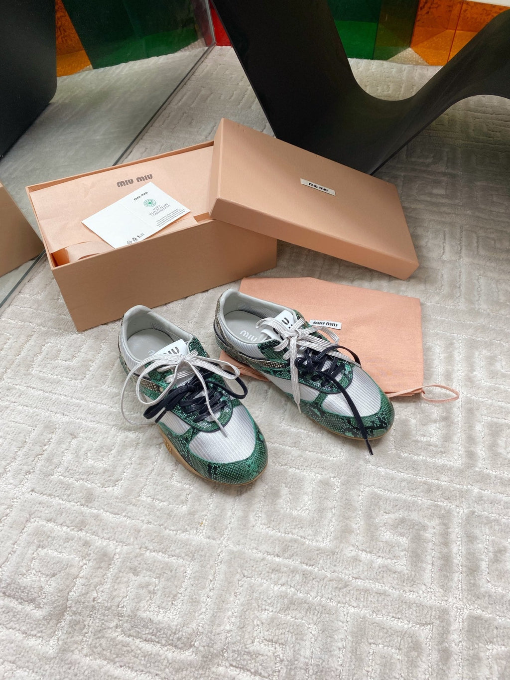 SNAKESKIN-LEATHER SNEAKERS IN GREEN MIX GREY CALFSKIN AND MESH