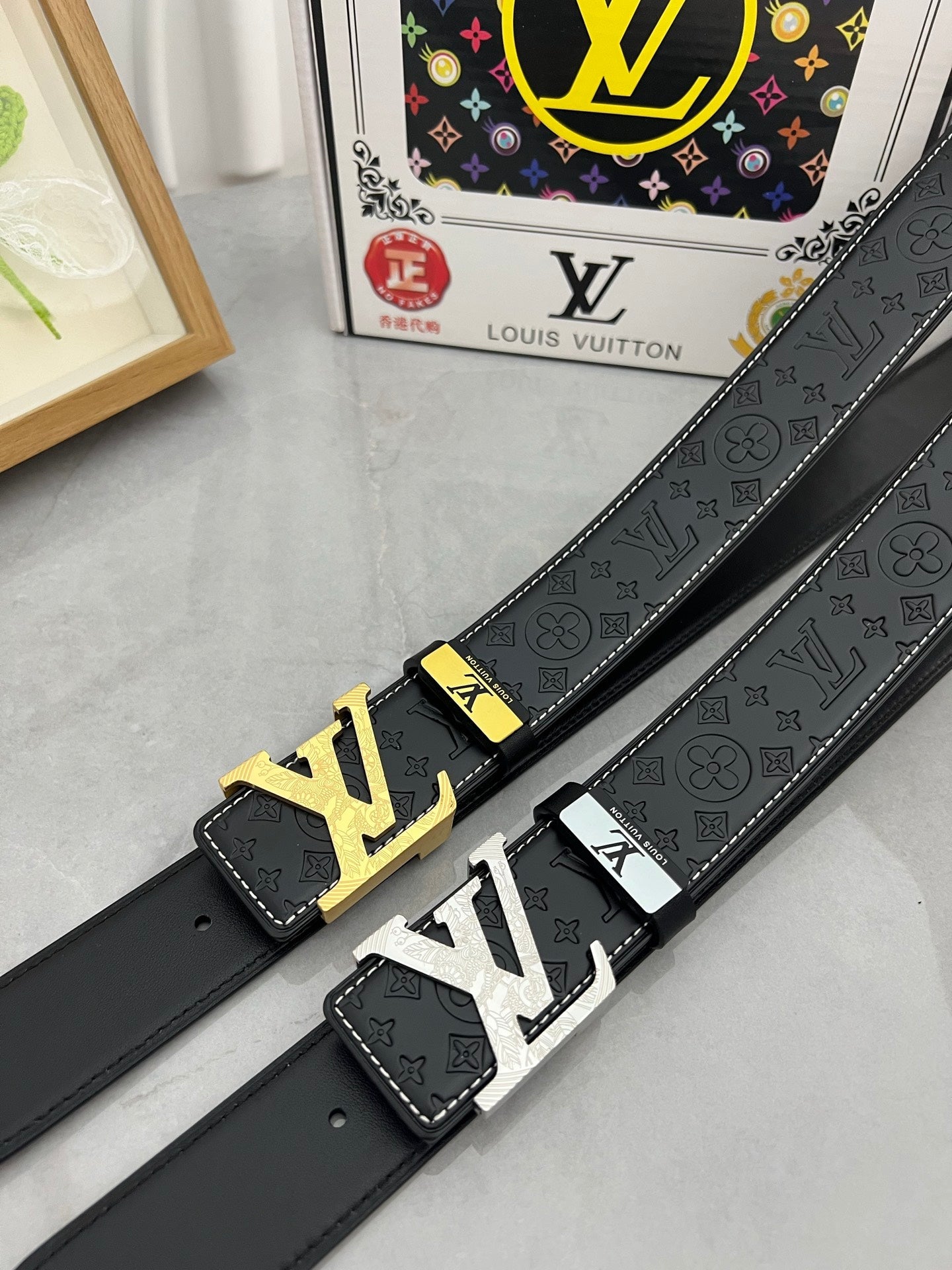 LV 25S BELT 38 MM IN BLACK CALFSKIN STAMP LOGO 593292
