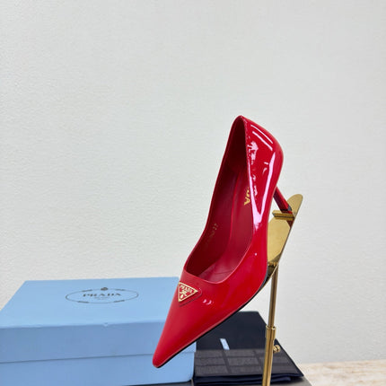 PRADA 26S POINTED TOE PUMPS 75MM IN RED PATENT CALFSKIN