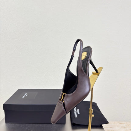YSL 26S SLINGBACK HIGH HEELS 105 MM IN DARK BROWN CALFSKIN