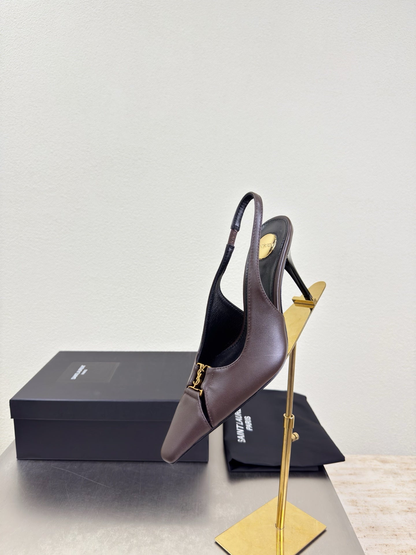 YSL 26S SLINGBACK HIGH HEELS 105 MM IN DARK BROWN CALFSKIN