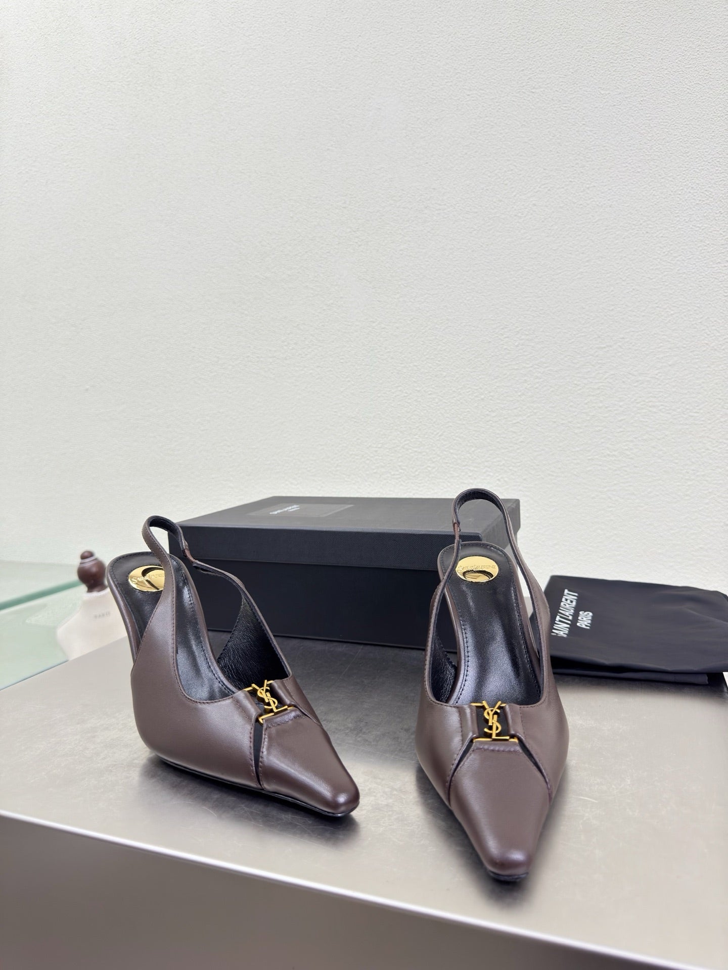 YSL 26S SLINGBACK HIGH HEELS 105 MM IN DARK BROWN CALFSKIN