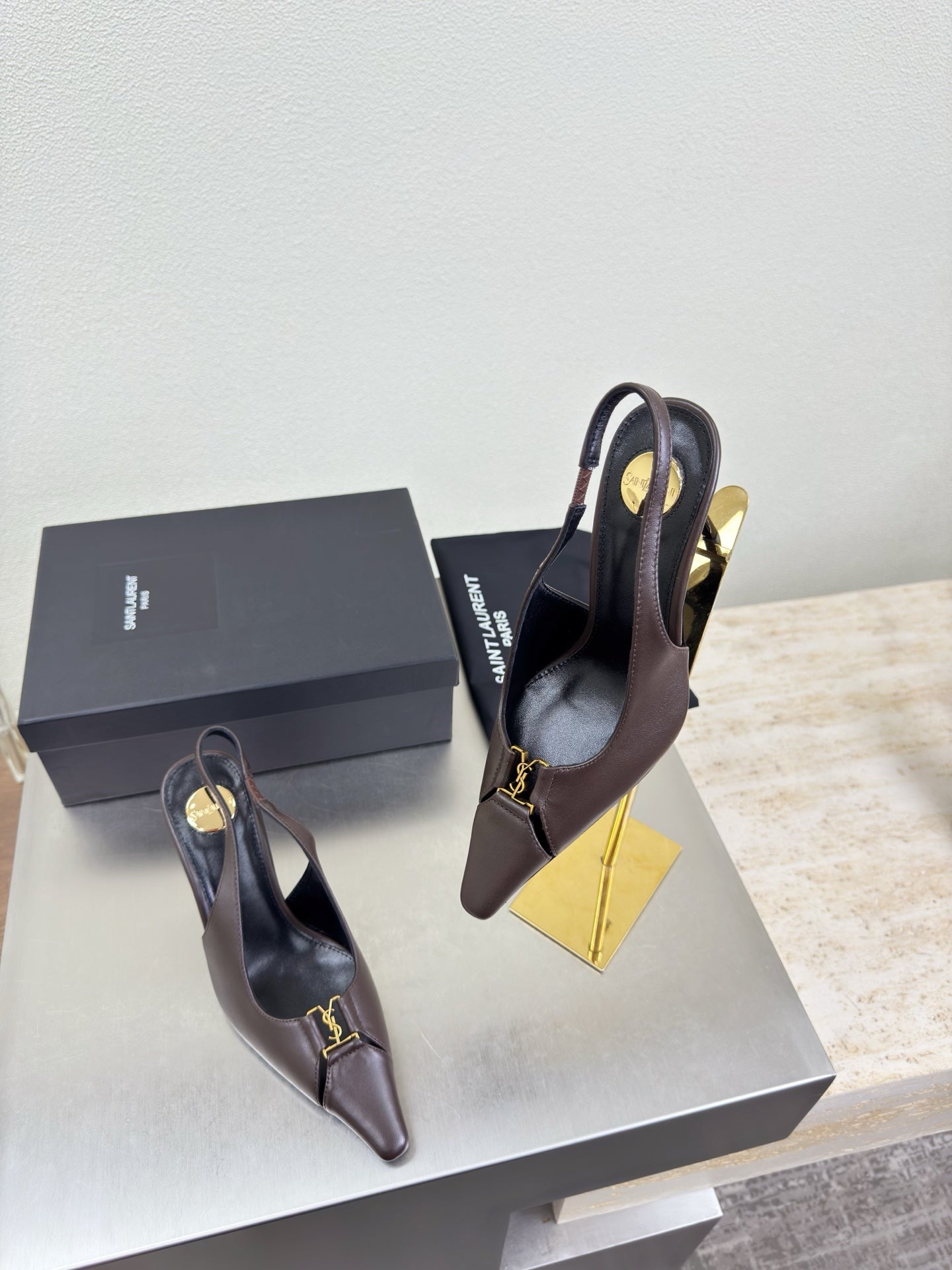 YSL 26S SLINGBACK HIGH HEELS 105 MM IN DARK BROWN CALFSKIN
