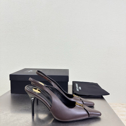 YSL 26S SLINGBACK HIGH HEELS 105 MM IN DARK BROWN CALFSKIN