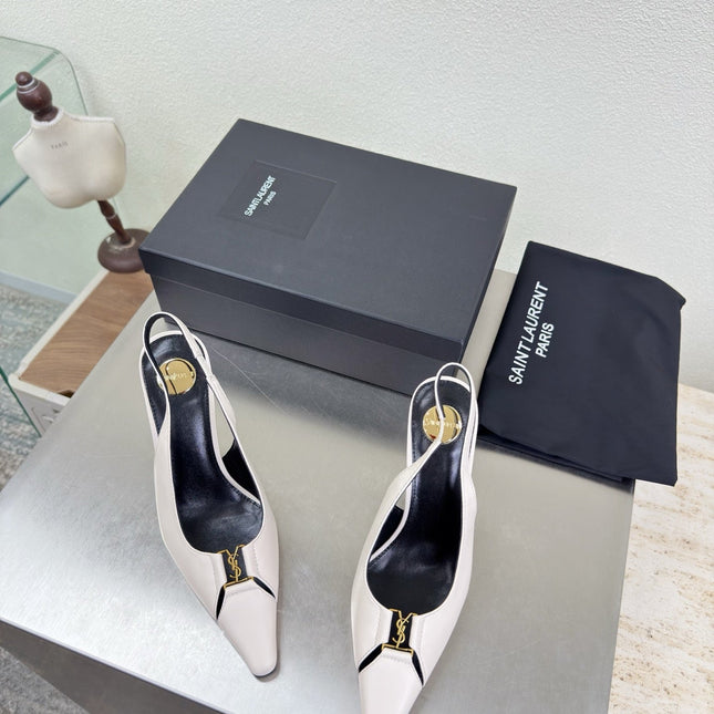 YSL 26S SLINGBACK HIGH HEELS 105 MM IN CREAM WHITE CALFSKIN