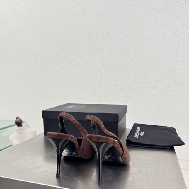 YSL 26S SLINGBACK HIGH HEELS 105 MM IN DARK BROWN SUEDE