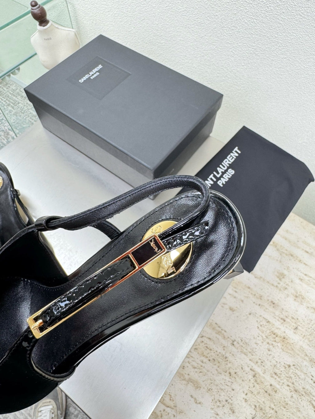 YSL 26S SLINGBACK HIGH HEELS 75 MM IN BLACK GLOSSY CALFSKIN