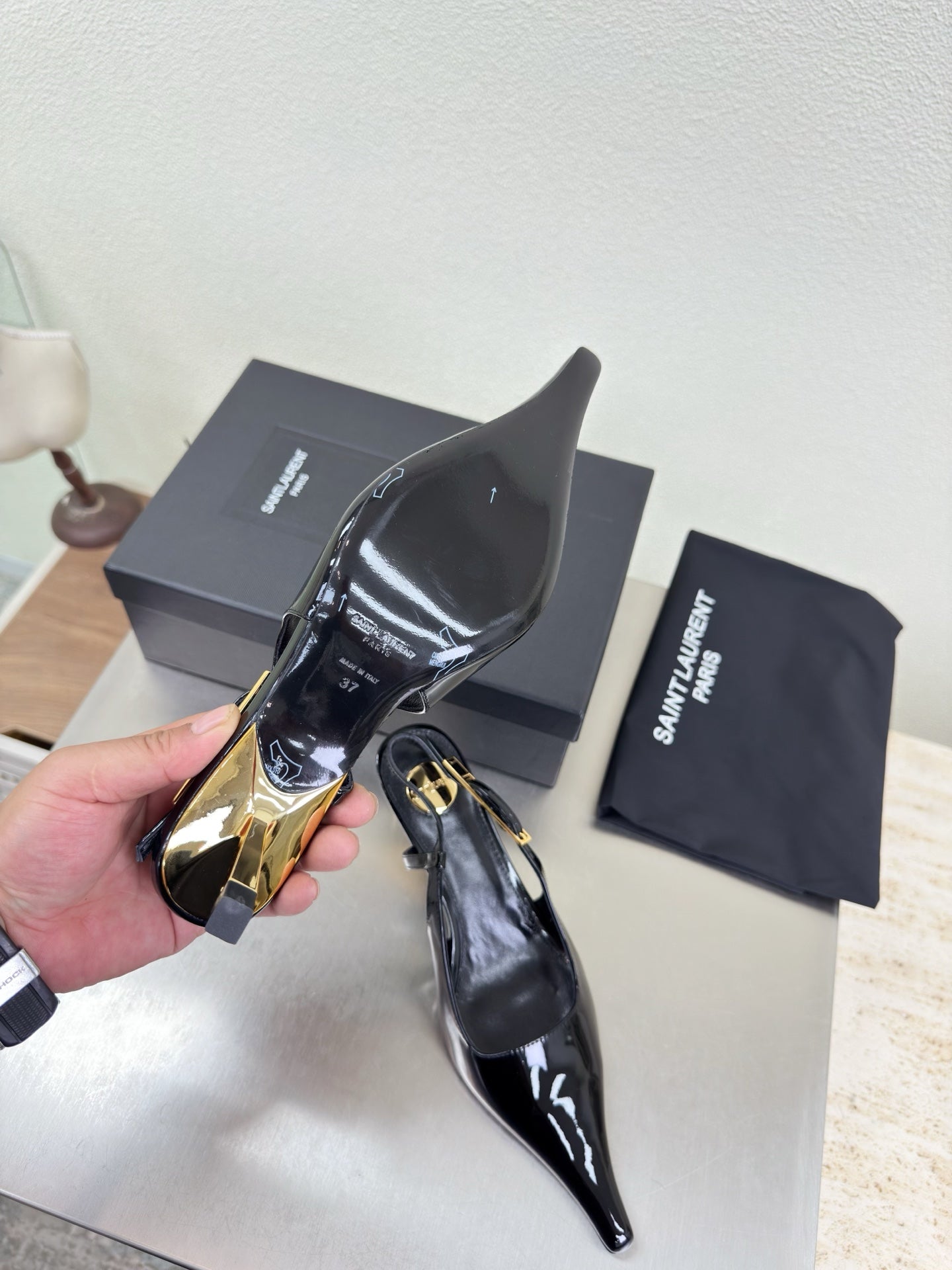 YSL 26S SLINGBACK HIGH HEELS 75 MM IN BLACK GLOSSY CALFSKIN