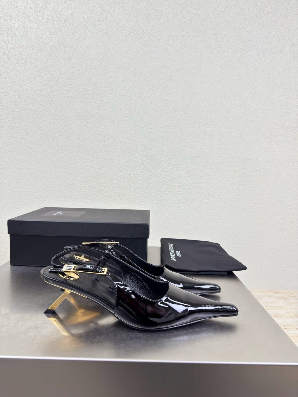 YSL 26S SLINGBACK HIGH HEELS 75 MM IN BLACK GLOSSY CALFSKIN