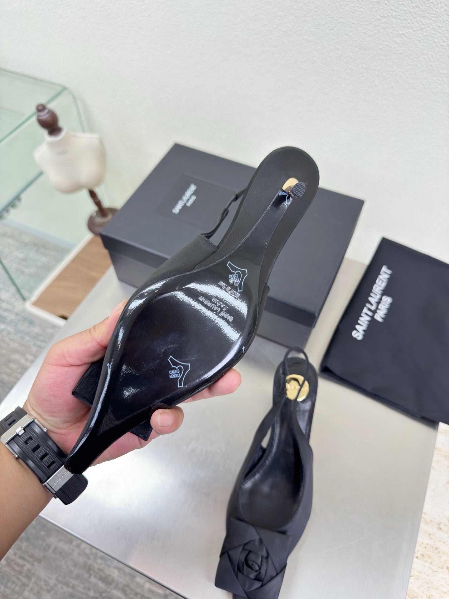 YSL 26S SLINGBACK HIGH HEELS 55 MM IN BLACK SATIN